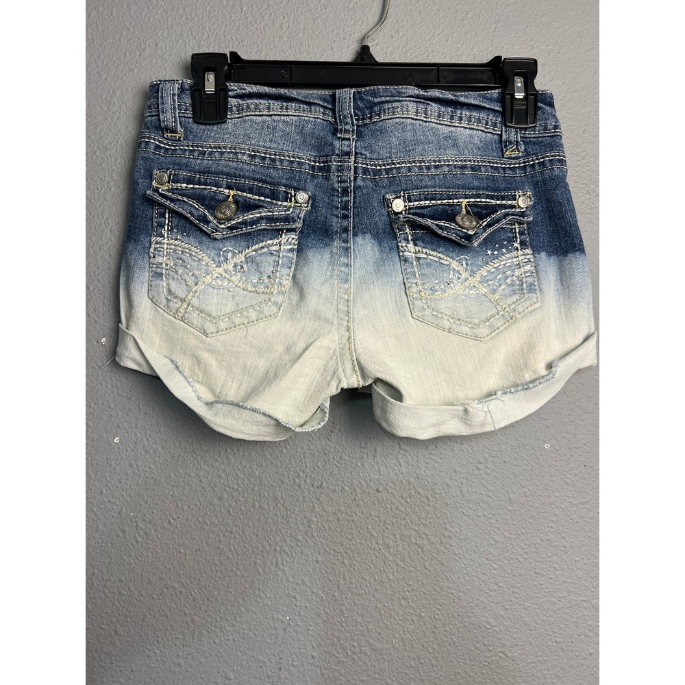 WallFlower Womens Ombre Dip‎ Dye Denim Shorts Blue White Embroidered Size 3